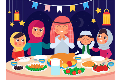 Ramadan dinner. Muslim family eating, iftar celebrating. Arab festive