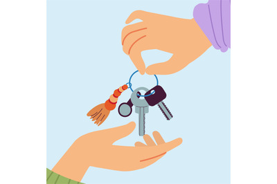 Hand with key. Renting car or house, hand give keys to over person. Bu