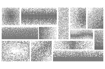 Dispersed pixel shapes. greyscale, art dissolve blocks. square dispers