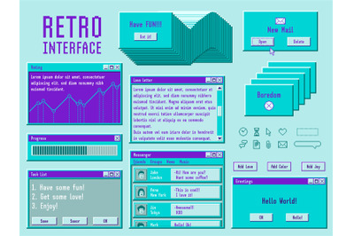 Retro interface elements. Vintage pc window, computer user desktop. Di