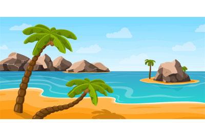 Beach palm tree landscape. Summer blue ocean, sea coast with palms and