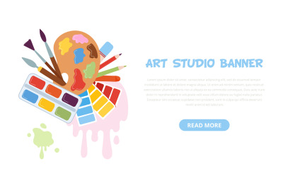 Art supplies banner. Kids creative, arts school or camp. Crafting mate