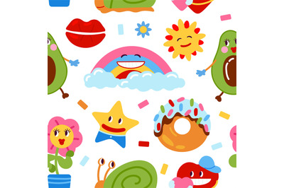 Funny patches pattern. Pop abstract doodles, cartoon fun avocado, rain