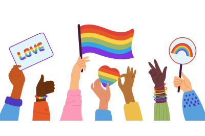 Lgbtq banner. Gay community&2C; hands hold flag and rainbow heart. Lgbt c