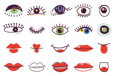 Doodle abstract face elements. Femal lips, isolated color eyes. Faces