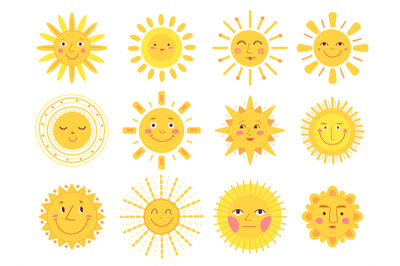 Sun characters. Baby sunshine, comic suns funny faces. Isolated flat c