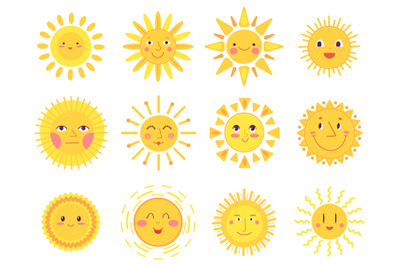 Cute sun faces. Happiness joy suns, isolated baby sunshine elements. F