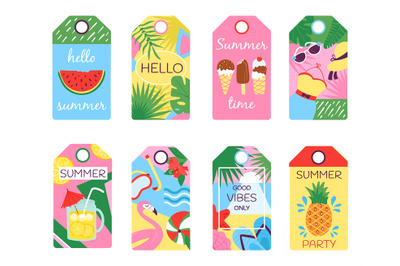 Summer tags. Tropical tag, scrapbook gift cards with fruits and beach