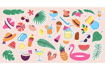 Summertime stickers. Cute tropical beach elements, fruit, lemonade jar