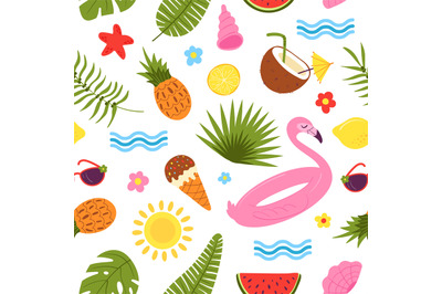 Summer seamless pattern. Hawaiian beach, kid seasonal background. Palm