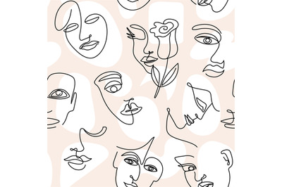 Abstract line face pattern. Bohemian woman faces profile, textile art