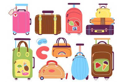 Suitcases. Trip luggage, cartoon suitcase pack. Traveler stuff, touris