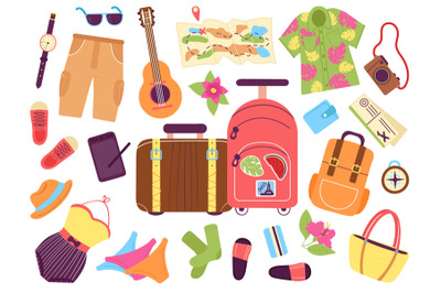 Tourist luggage. Traveller vacation bags, cartoon suitcases and summer