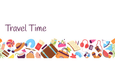 Doodle travel banner. Tourism vacations, traveller stuff. Suitcase and