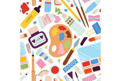 Drawing tools seamless pattern. Pen and watercolor, palette and ink. I