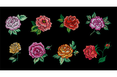 Embroidery roses. Flowers patches, rose with leaf embroidered on black