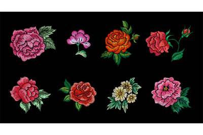 Stitch embroidery flowers. Embroidered floral design, flower bouquet.