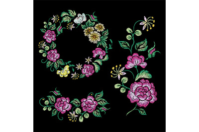 Floral vintage embroidery. Oriental flowers, rose peony embroidered or