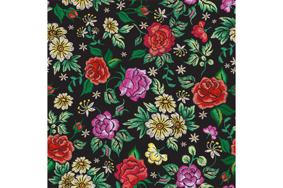 Floral embroidery pattern. Embroidered background, flower garden vinta