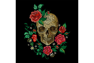 Skull and roses. Embroidery rose, rock style print template. Shirt or