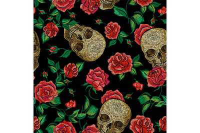 Skull roses seamless pattern. Clothing prints, skulls and flowers on d