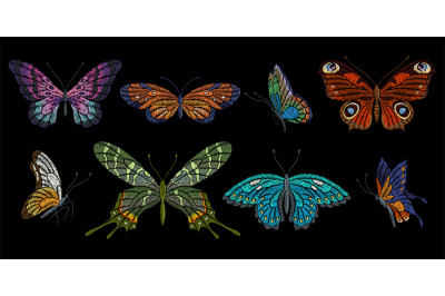 Embroidery butterflies. Floral butterfly&2C; orange blue flying insects.