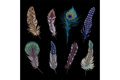 Embroidery feathers. Birds feather ethnic design, boho style patches.