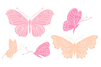 Butterfly silhouettes. Pink peach color butterflies. Isolated flying i