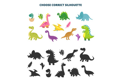 Children puzzle with dinosaur. Choose dino silhouette, t-rex or pterod