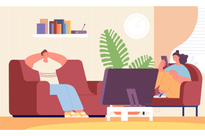 Couple relax in living room. Man and woman rest at home. Watching tv a