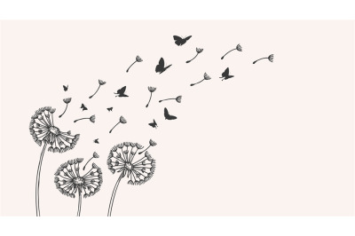 Dandelion. Sketch dandelions&2C; flying seeds and butterflies silhouettes