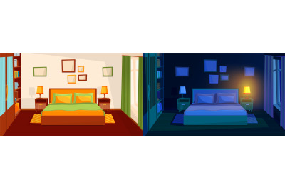 Day night bedroom. Room interior, bed, lamp and wardrobe. Cartoon cozy