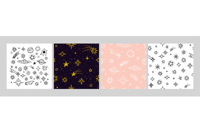 Doodle space elements. Star and planets pattern set. Universe seamless