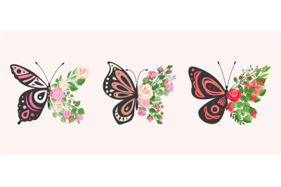 Floral butterflies. Black contour butterfly&2C; flowers wings. Roses and