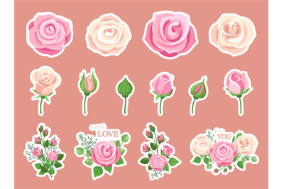 Flower stickers. Rose bouquet&2C; pink roses decorative compositions. Flo