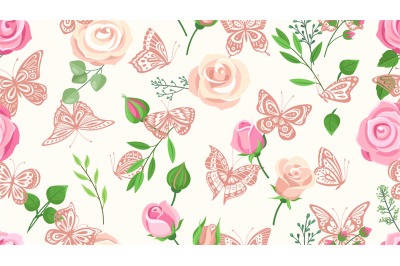 Flowers and butterflies. Roses&2C; butterfly silhouettes. Floral garden w