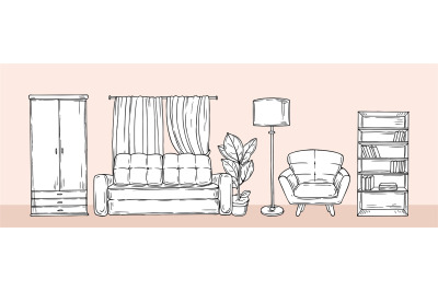 Living room banner. Sketch furniture, flat apartment with wardrobe, so