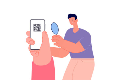 Man checks QR code on smartphone screen. Personal identification, heal