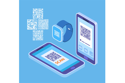 Personal QR code. Codes on smartphone and smartwatch. Isometric self d