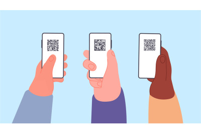 Personal qr identification. Hands holding phones with QR-codes on scre