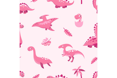 Pink dino pattern. Cute cartoon dinosaurs, leaves and palm. Pastel col