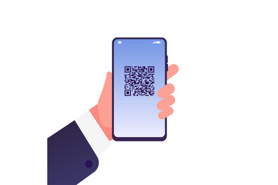 QR code on screen. Hand hold smartphone with personal id barcode. Flat