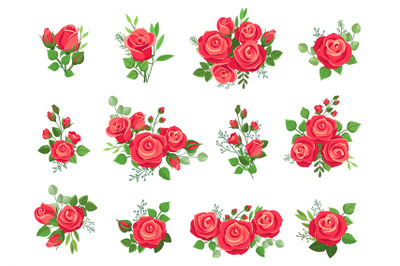 Red roses bouquets. Rose collection, bouquet with flowers and green br