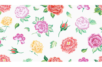 Sketched roses seamless pattern. Embroidery imitation template. Rose a