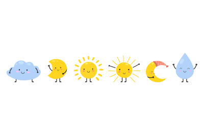 Sun characters. Suns&2C; cloud and crescent. Moon and cute water drop. Fl