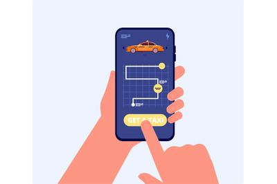 Taxi service app. Mobile urban transportation, hands holding smartphon