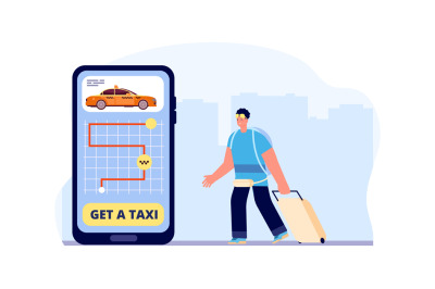 Taxi service. Online app for transportation. Guy with luggage using mo