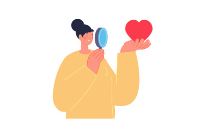 Woman look at heart. Independent girl with magnifying glass. Female po