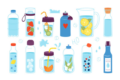 Water drink elements. Cute drinks caps, drops splashing and glasses. R