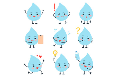 Cute cartoon drops. Funny drop, emotional droplets. Isolated water cha